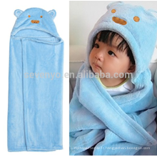 Mignon Animal Cartoon Blue Bear bébé enfant capuche peignoir serviette de bain pour tout-petits, velours corail super doux et confortable